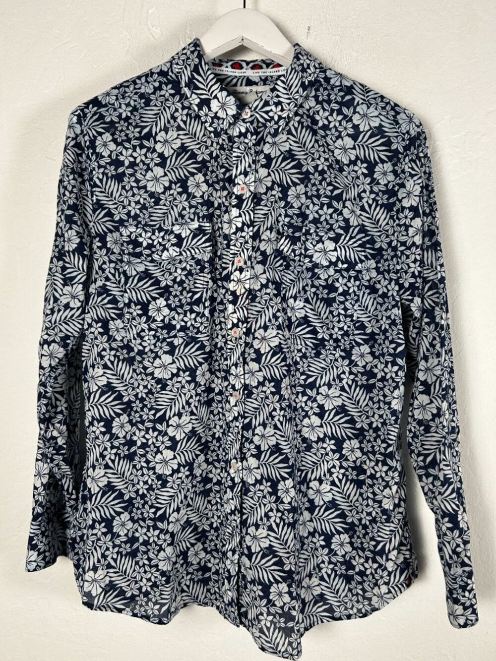 Tommy Bahama Women’s White Navy Florico Long Sleeve Button Up Shirt Large Cotton